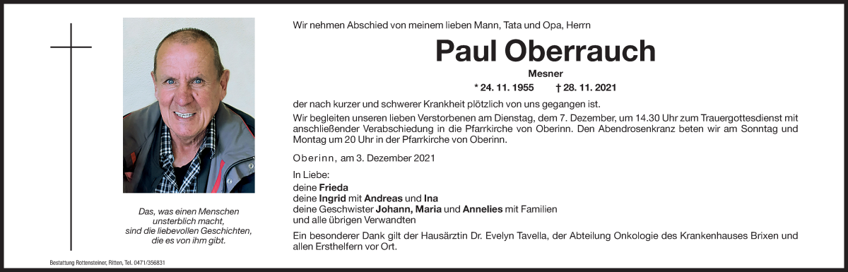  Traueranzeige für Paul Oberrauch vom 03.12.2021 aus Dolomiten