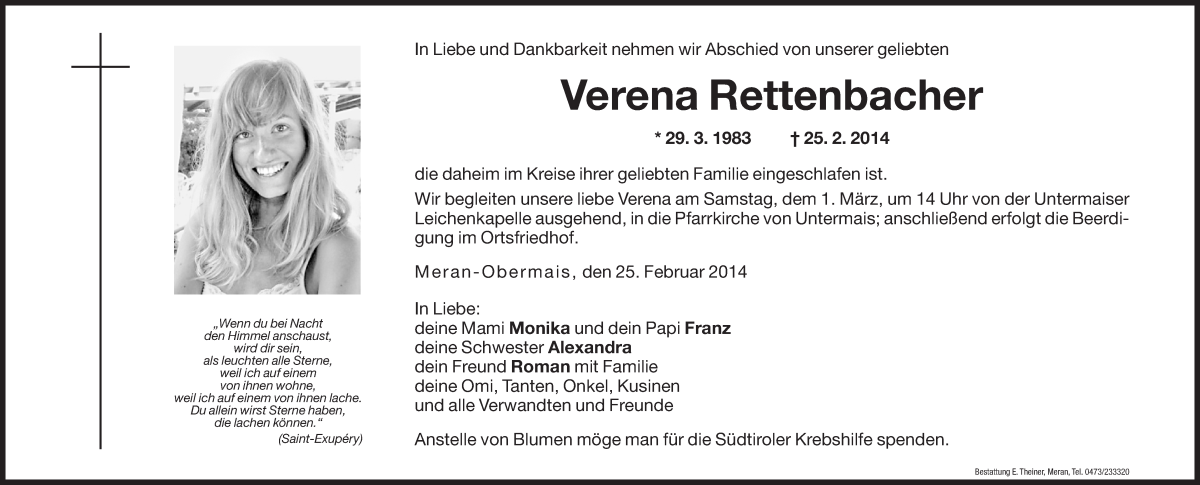  Traueranzeige für Verena Rettenbacher vom 27.02.2014 aus Dolomiten