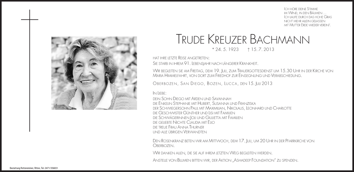  Traueranzeige für Trude Kreuzer Bachmann vom 17.07.2013 aus Dolomiten