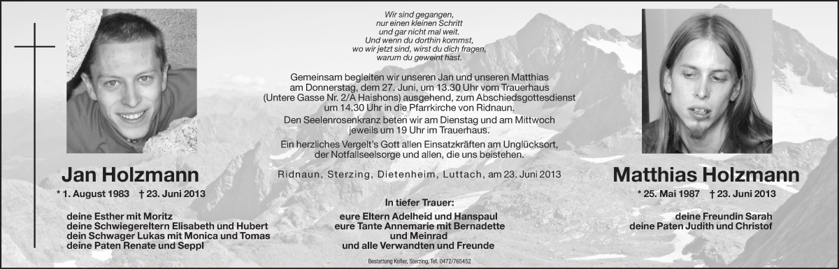  Traueranzeige für Matthias Holzmann vom 25.06.2013 aus Dolomiten