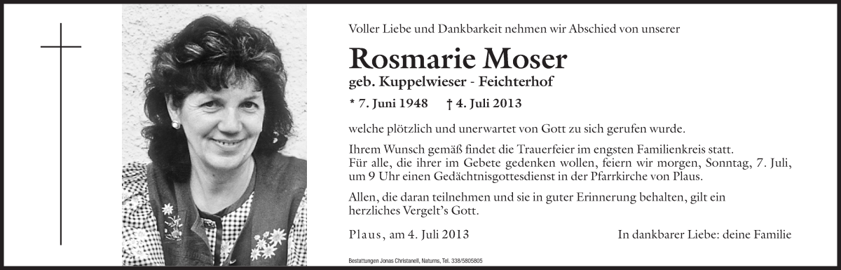  Traueranzeige für Rosmarie Moser vom 06.07.2013 aus Dolomiten