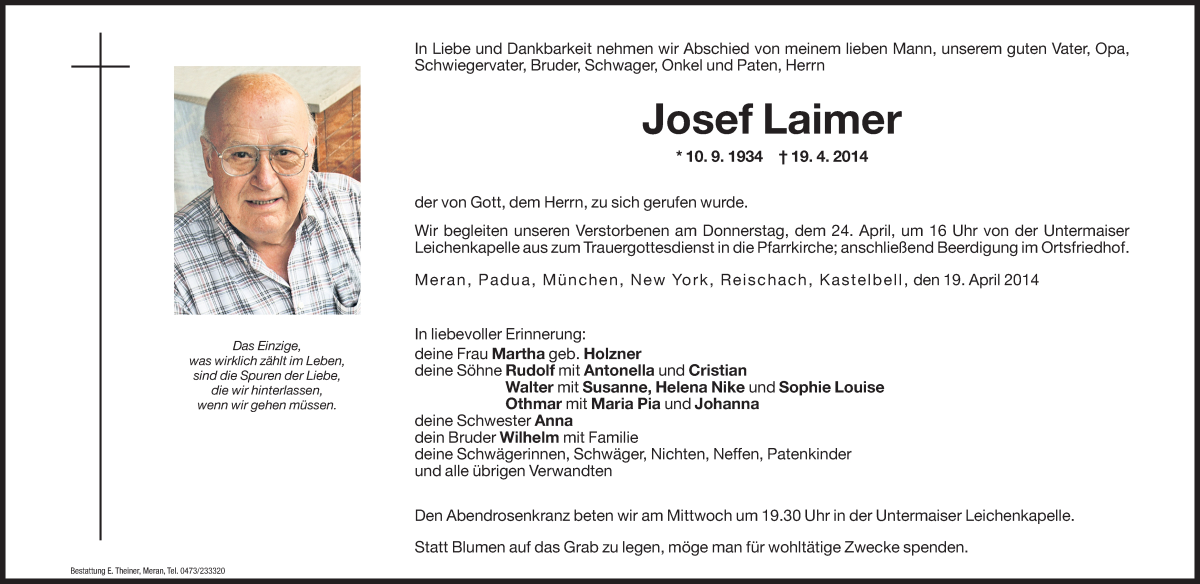  Traueranzeige für Josef Laimer vom 22.04.2014 aus Dolomiten