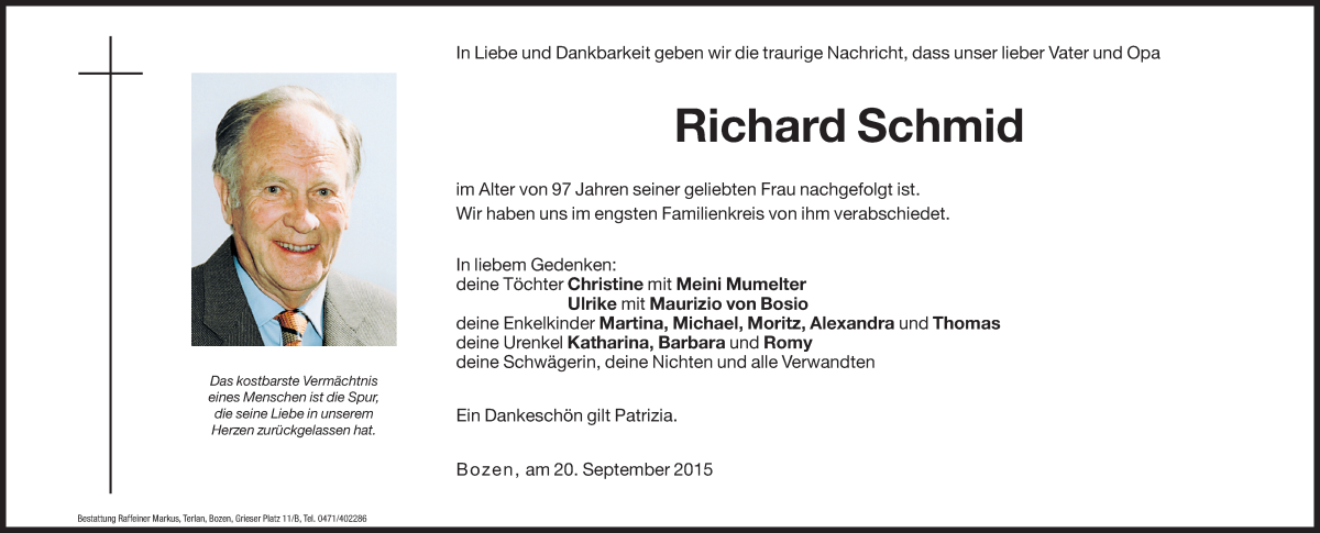  Traueranzeige für Richard Schmid vom 25.09.2015 aus Dolomiten