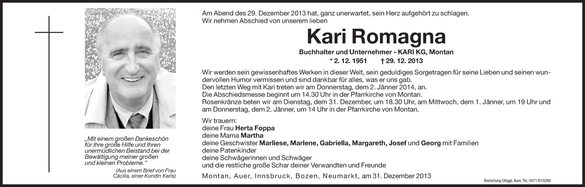  Traueranzeige für Kari Romagna vom 31.12.2013 aus Dolomiten