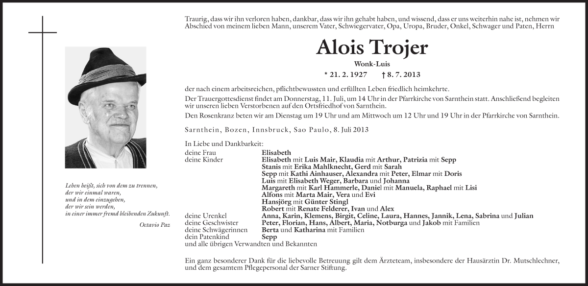  Traueranzeige für Alois Trojer vom 09.07.2013 aus Dolomiten