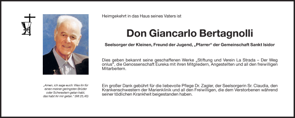 Traueranzeige von Don Giancarlo Bertagnolli von Dolomiten