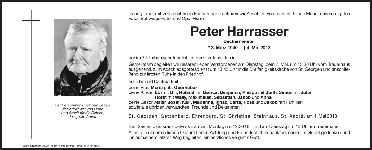  Traueranzeige für Peter Harrasser vom 06.05.2013 aus Dolomiten