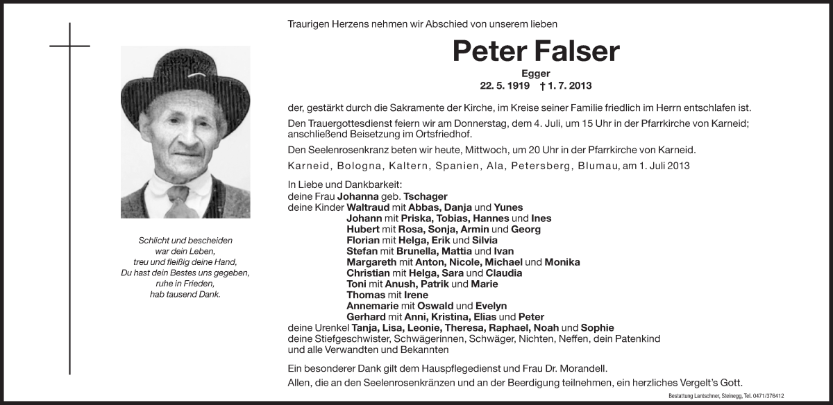  Traueranzeige für Peter Falser vom 03.07.2013 aus Dolomiten