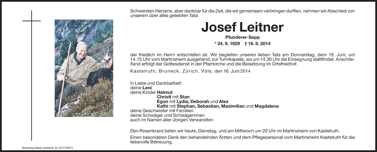  Traueranzeige für Josef Leitner vom 17.06.2014 aus Dolomiten