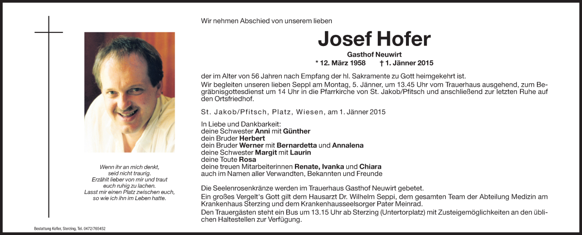  Traueranzeige für Josef Hofer vom 03.01.2015 aus Dolomiten