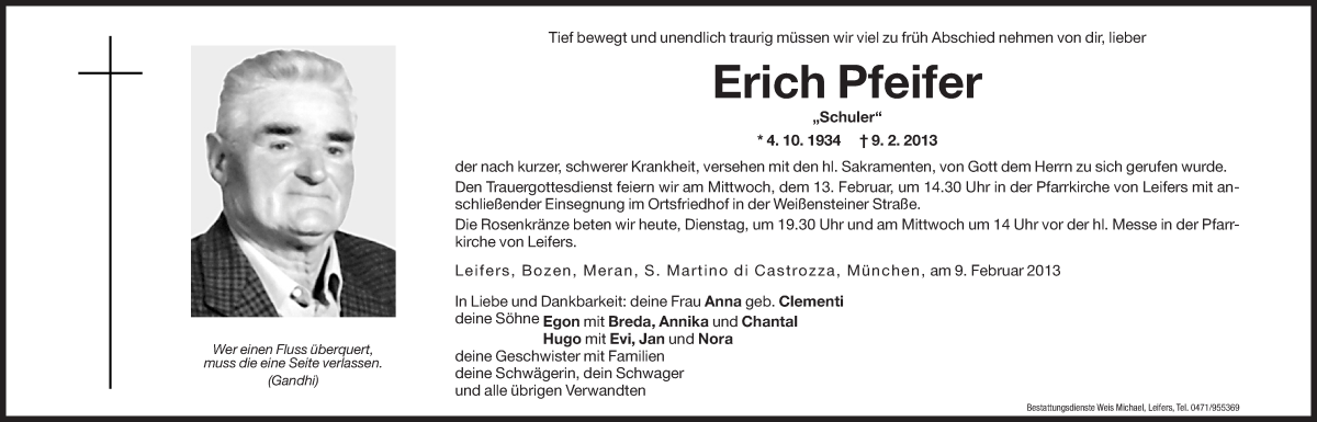  Traueranzeige für Erich Pfeifer vom 12.02.2013 aus Dolomiten