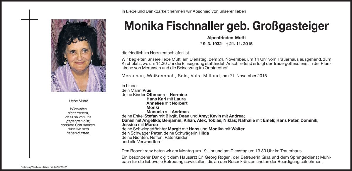  Traueranzeige für Monika Fischnaller vom 23.11.2015 aus Dolomiten