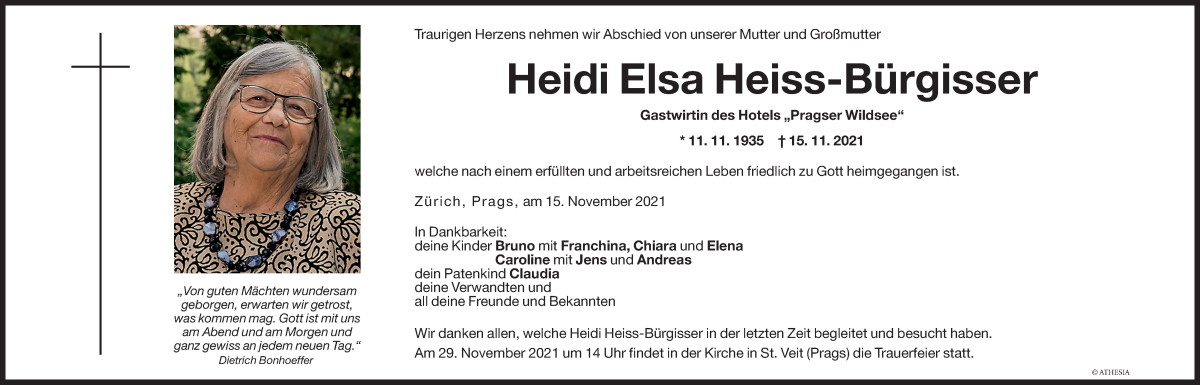  Traueranzeige für Heidi Elsa Heiss vom 17.11.2021 aus Dolomiten