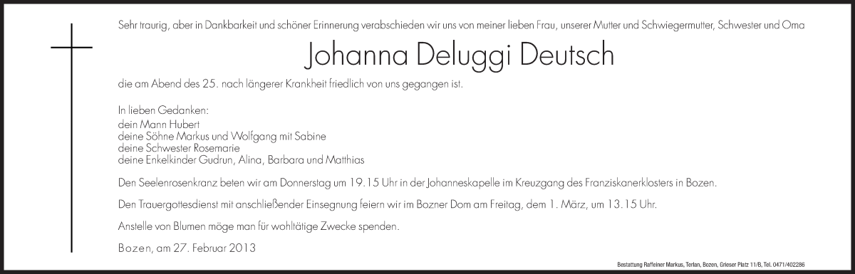  Traueranzeige für Johanna  Deutsch vom 27.02.2013 aus Dolomiten