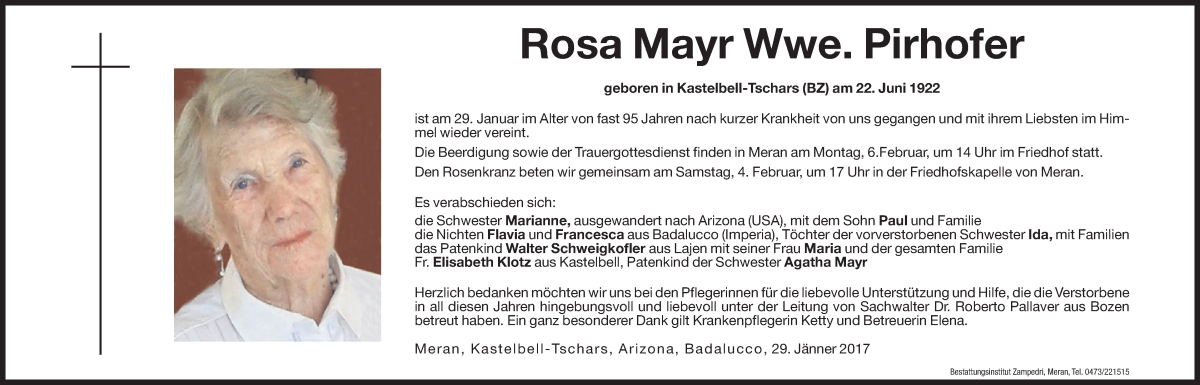  Traueranzeige für Rosa Pirhofer vom 04.02.2017 aus Dolomiten