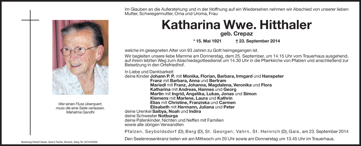  Traueranzeige für Katharina Hitthaler vom 24.09.2014 aus Dolomiten