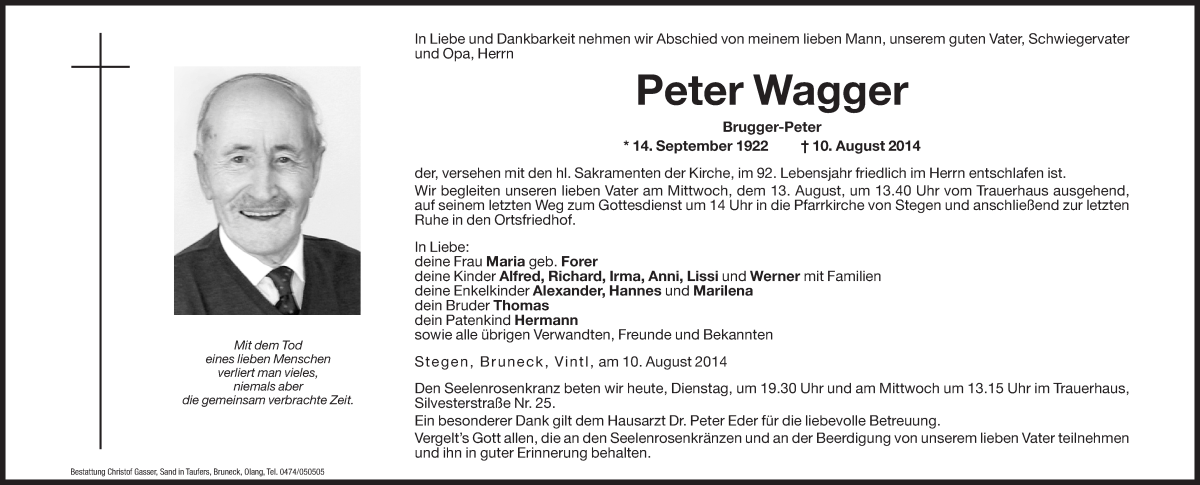  Traueranzeige für Peter Wagger vom 12.08.2014 aus Dolomiten