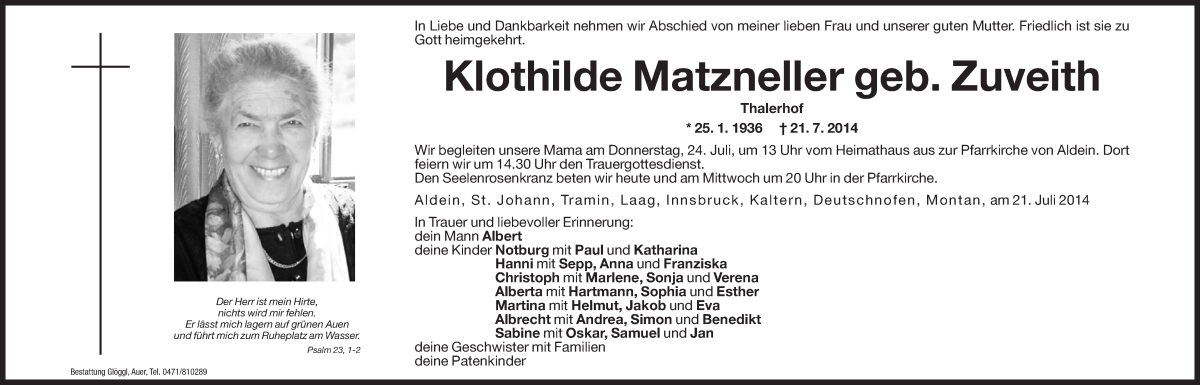  Traueranzeige für Klothilde Matzneller vom 22.07.2014 aus Dolomiten