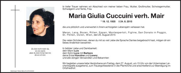Traueranzeige von Maria Giulia Mair von Dolomiten