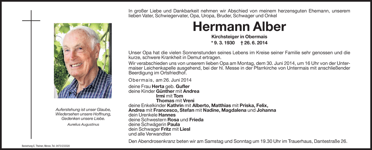  Traueranzeige für Hermann Alber vom 28.06.2014 aus Dolomiten