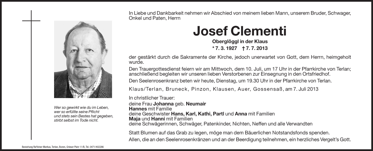  Traueranzeige für Josef Clementi vom 09.07.2013 aus Dolomiten