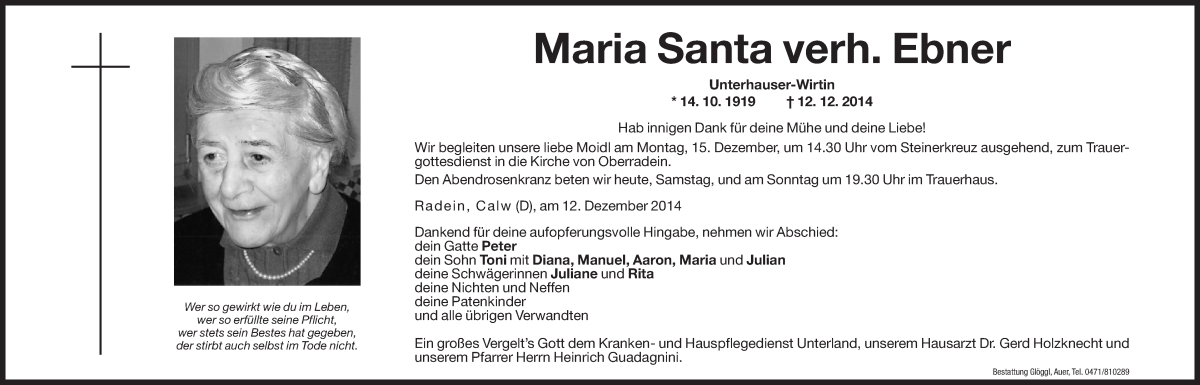  Traueranzeige für Maria Ebner vom 13.12.2014 aus Dolomiten