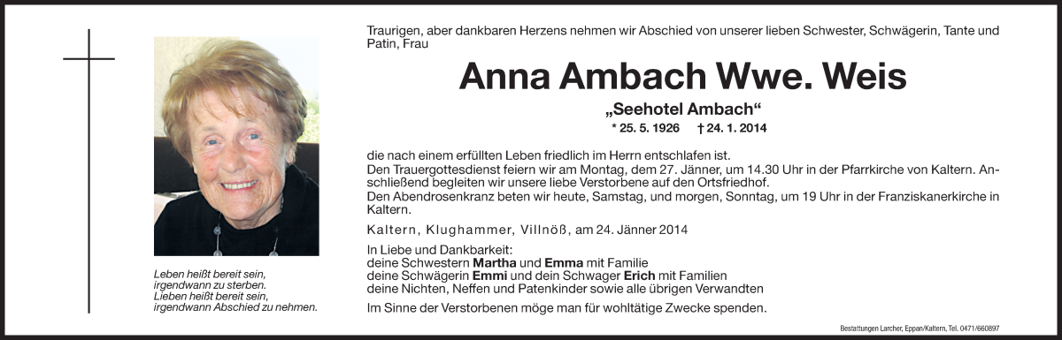  Traueranzeige für Anna Ambach vom 25.01.2014 aus Dolomiten