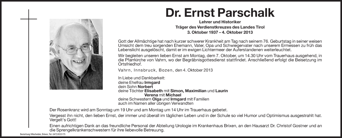  Traueranzeige für Ernst Parschalk vom 05.10.2013 aus Dolomiten