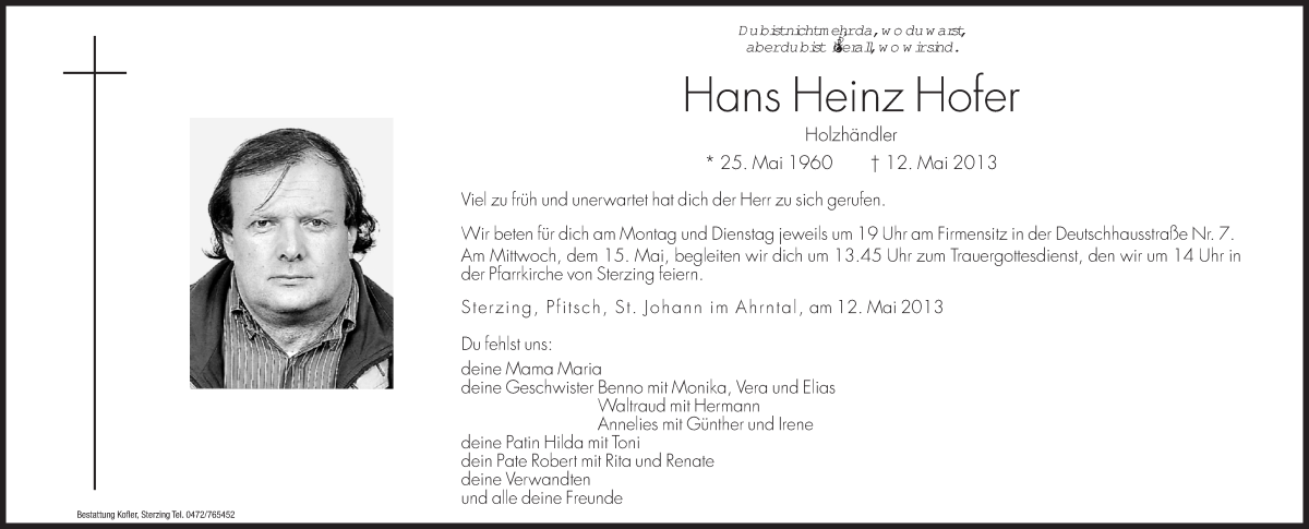  Traueranzeige für Hans Heinz Hofer vom 13.05.2013 aus Dolomiten