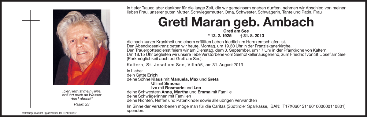  Traueranzeige für Gretl Maran vom 02.09.2013 aus Dolomiten