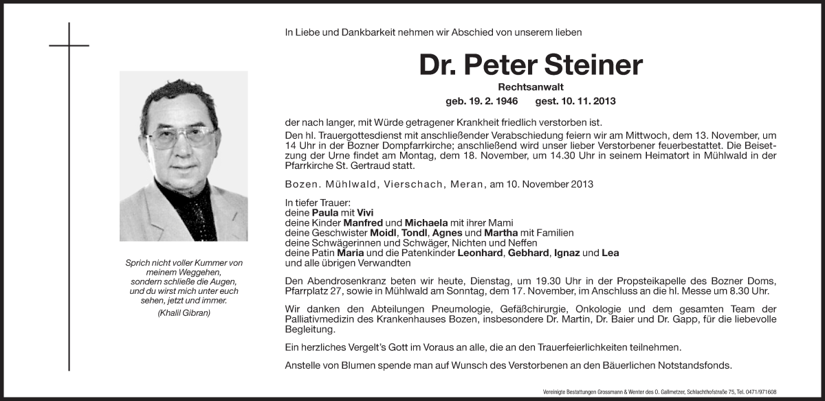  Traueranzeige für Peter Steiner vom 12.11.2013 aus Dolomiten