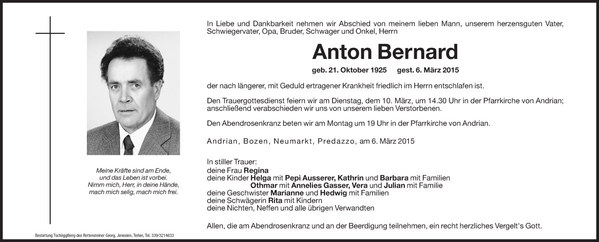  Traueranzeige für Anton Bernard vom 07.03.2015 aus Dolomiten