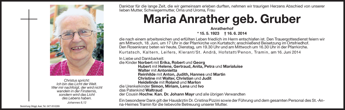  Traueranzeige für Maria Anrather vom 17.06.2014 aus Dolomiten