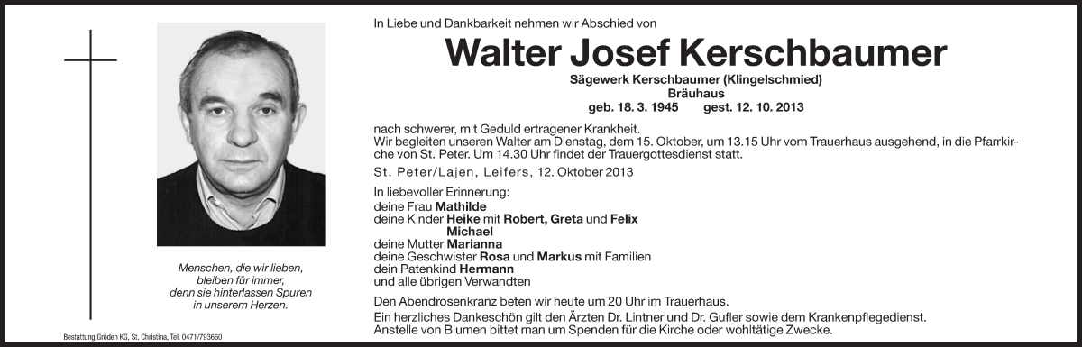  Traueranzeige für Walter Kerschbaumer vom 14.10.2013 aus Dolomiten