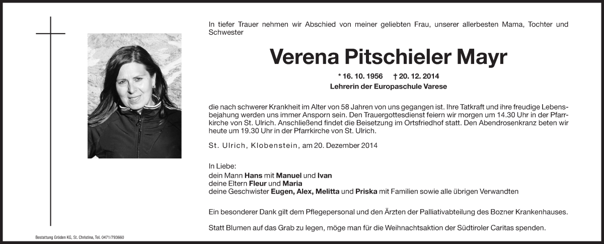  Traueranzeige für Verena Pitschieler vom 22.12.2014 aus Dolomiten