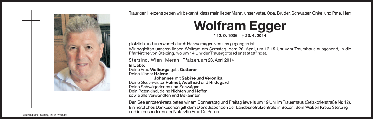  Traueranzeige für Wolfram Egger vom 24.04.2014 aus Dolomiten