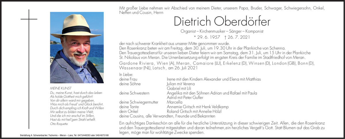  Traueranzeige für Dietrich Oberdörfer vom 29.07.2021 aus Dolomiten