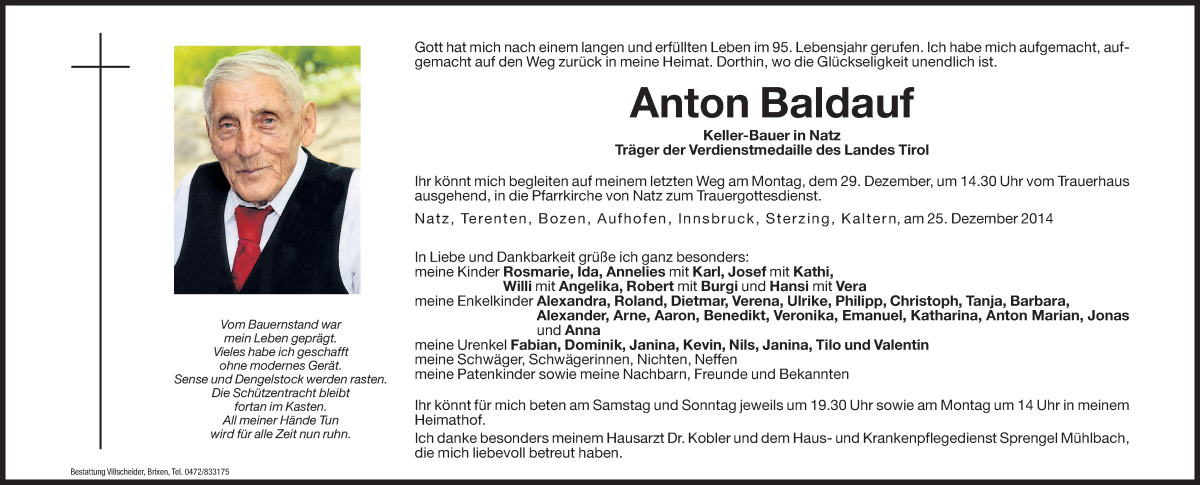  Traueranzeige für Anton Baldauf vom 27.12.2014 aus Dolomiten