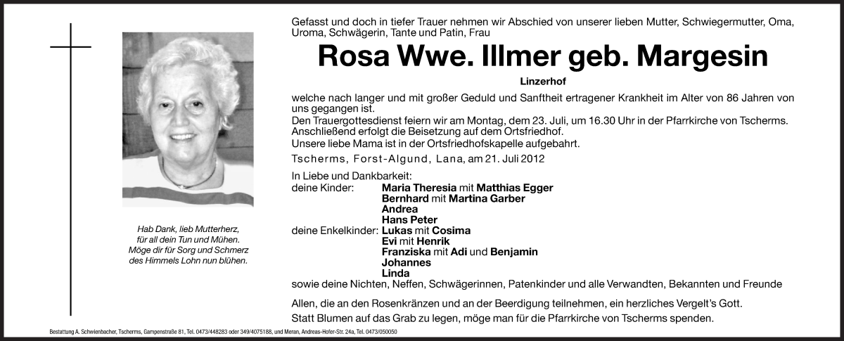  Traueranzeige für Rosa Illmer vom 23.07.2012 aus Dolomiten