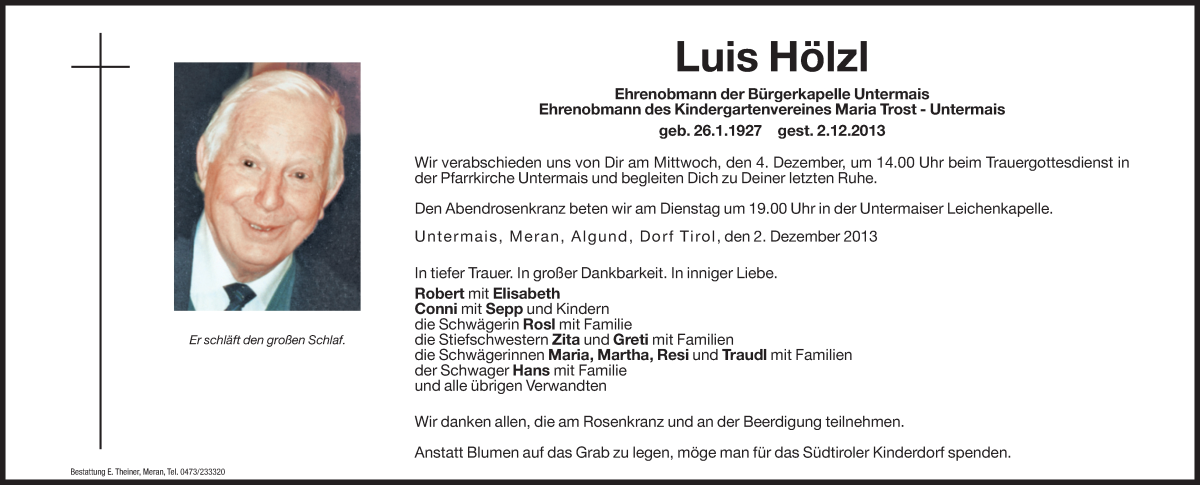  Traueranzeige für Luis Hölzl vom 03.12.2013 aus Dolomiten