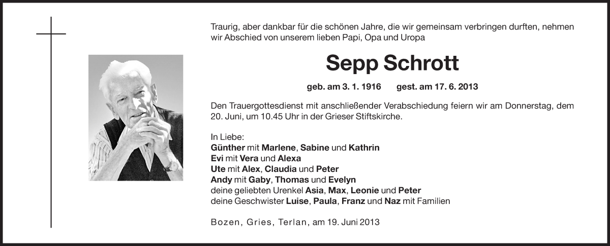  Traueranzeige für Sepp Schrott vom 19.06.2013 aus Dolomiten