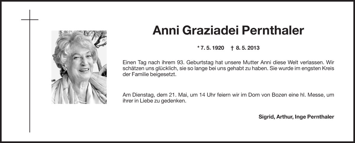  Traueranzeige für Anni Graziadei Pernthaler vom 14.05.2013 aus Dolomiten