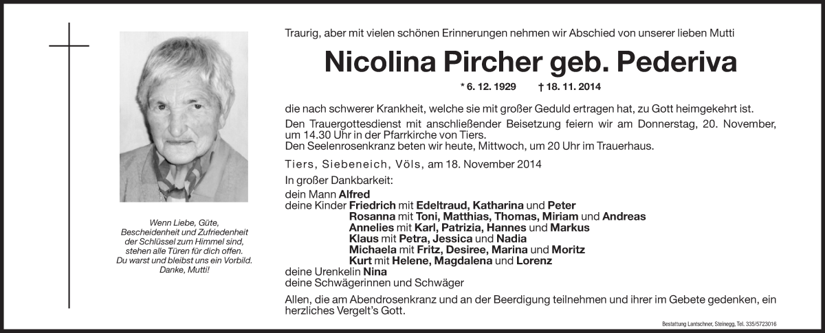  Traueranzeige für Nicolina Pircher vom 19.11.2014 aus Dolomiten