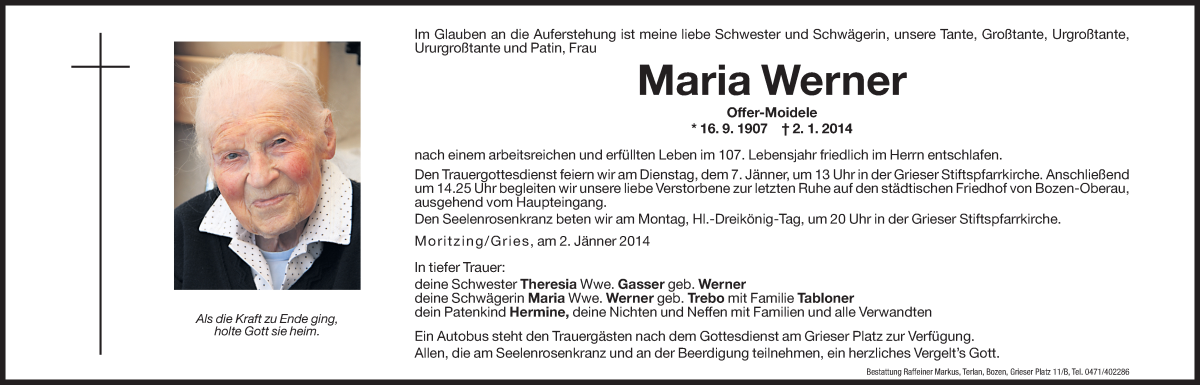  Traueranzeige für Maria Werner vom 03.01.2014 aus Dolomiten