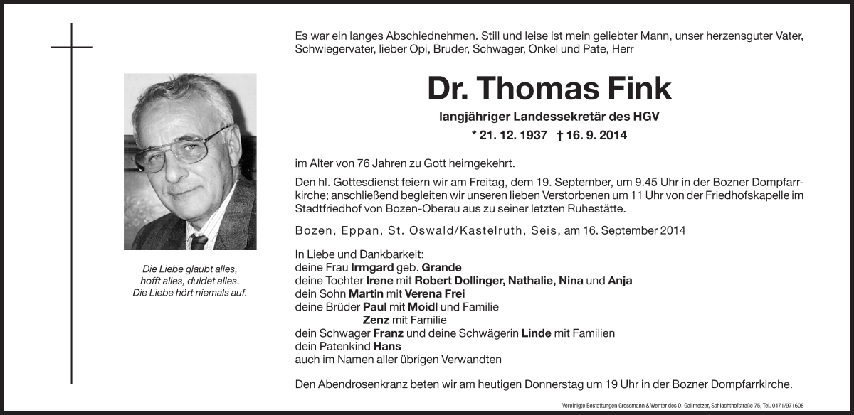  Traueranzeige für Thomas Fink vom 18.09.2014 aus Dolomiten