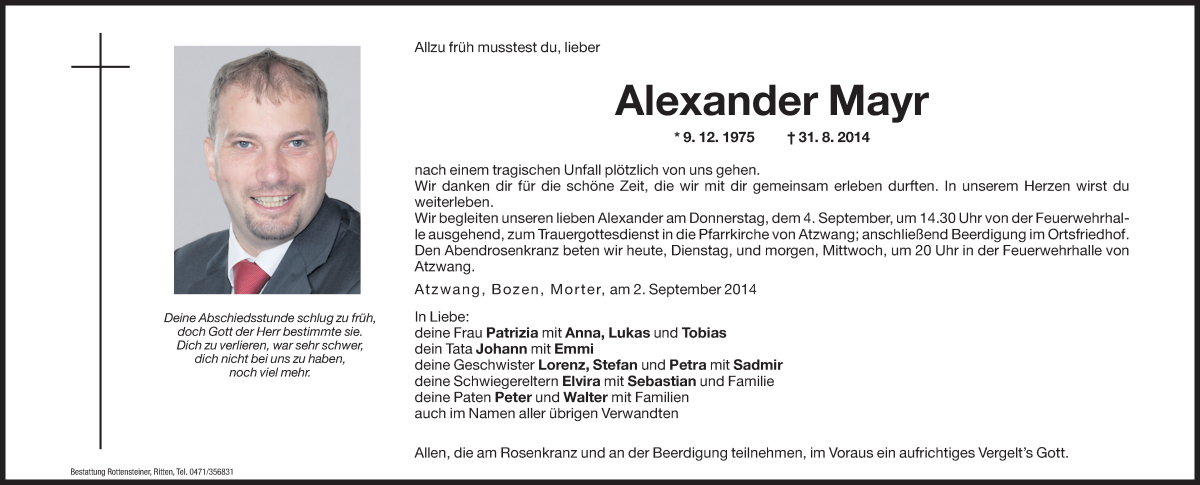  Traueranzeige für Alexander Mayr vom 02.09.2014 aus Dolomiten