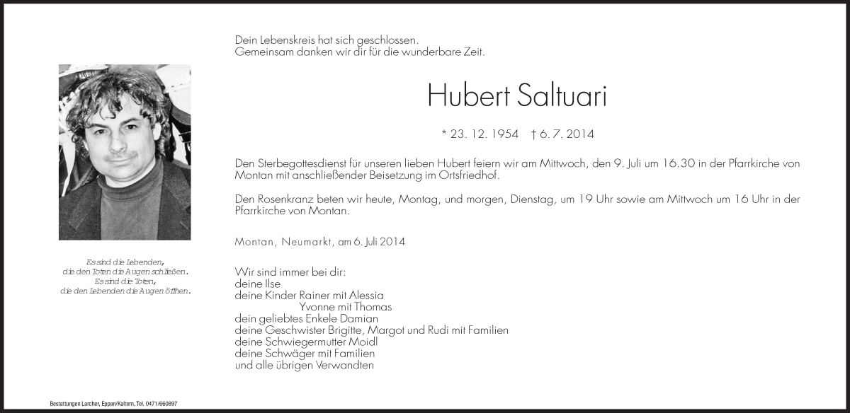  Traueranzeige für Hubert Saltuari vom 07.07.2014 aus Dolomiten