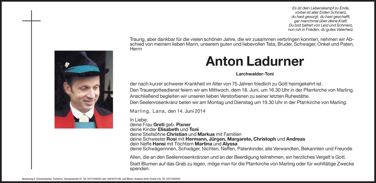  Traueranzeige für Anton Ladurner vom 16.06.2014 aus Dolomiten