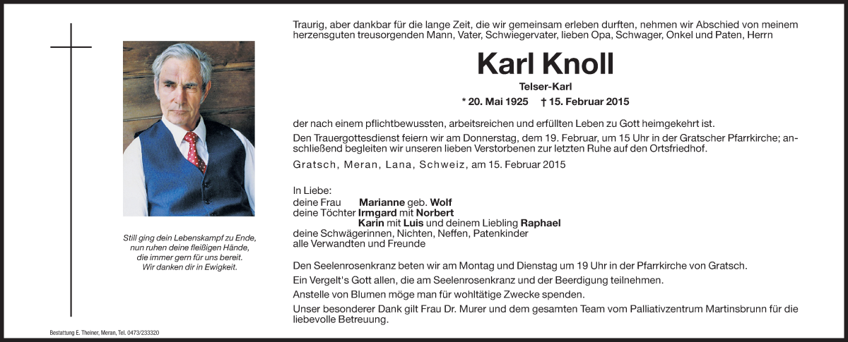  Traueranzeige für Karl Knoll vom 16.02.2015 aus Dolomiten