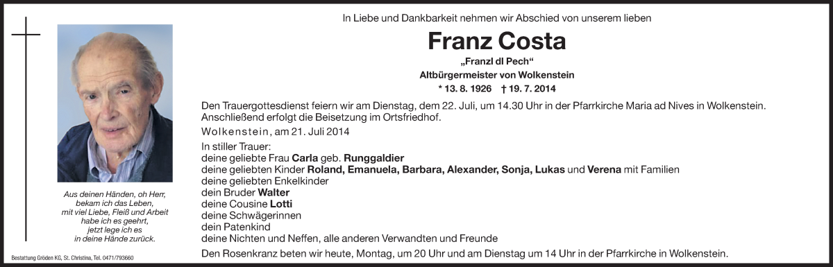  Traueranzeige für Franz Costa vom 21.07.2014 aus Dolomiten
